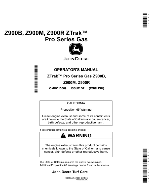 John Deere Z900B, Z900M, Z900R ZTrak Pro Series Gas (North America) (030001-) Operator's Manual (OMUC15069E)