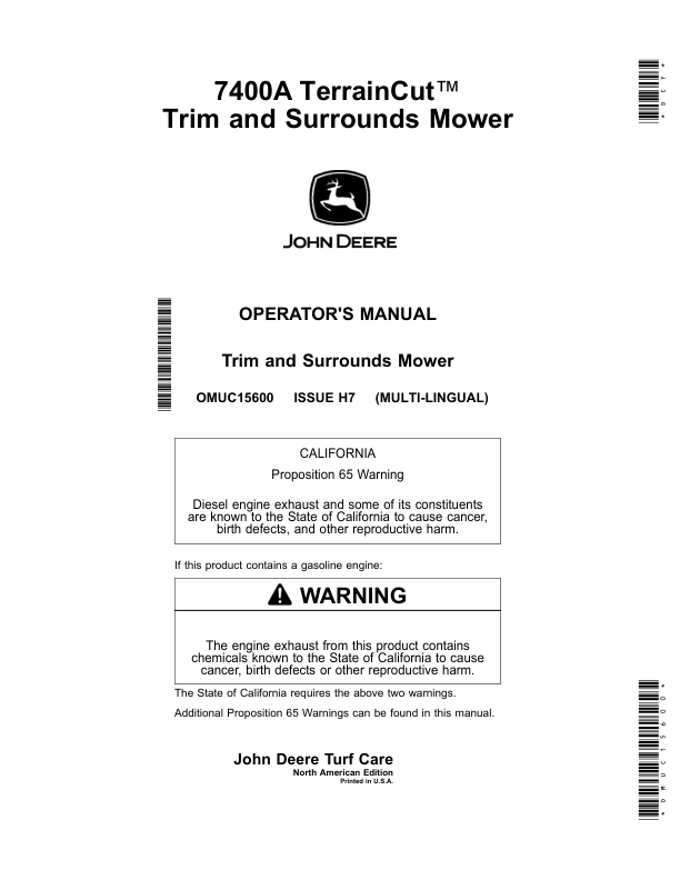 John Deere 7400A TerrainCut Trim, Surrounds Mower (North American) Operator's Manual (OMUC15600)