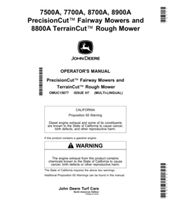 John Deere 7500A, 7700A, 8700A, 8900A PrecisionCut Fairway Mowers, 8800A TerrainCut Rough Mower (North American) Operator's Manual (OMUC15677)