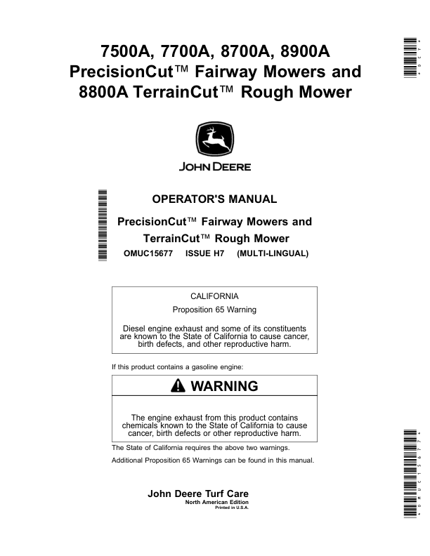 John Deere 7500A, 7700A, 8700A, 8900A PrecisionCut Fairway Mowers, 8800A TerrainCut Rough Mower (North American) Operator's Manual (OMUC15677)