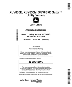 John Deere XUV835E, XUV835M, XUV835R Gator Utility Vehicles (California Edition) Operator's Manual (OMUC15807)