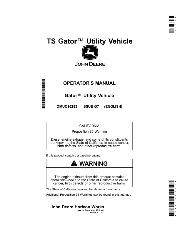 John Deere TS Gator Utility Vehicle Operator's Manual (OMUC16253)