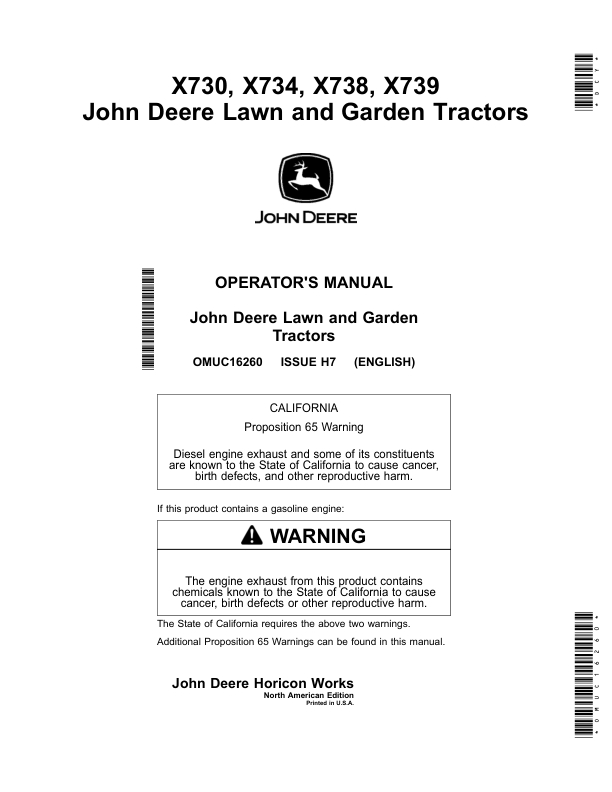John Deere X730, X734, X738 & X739 Lawn & Garden Tractors Operator's Manual (OMUC16260)
