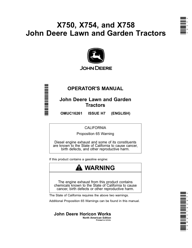 John Deere X750, X754 & X758 Lawn & Garden Tractors Operator's Manual (OMUC16261)