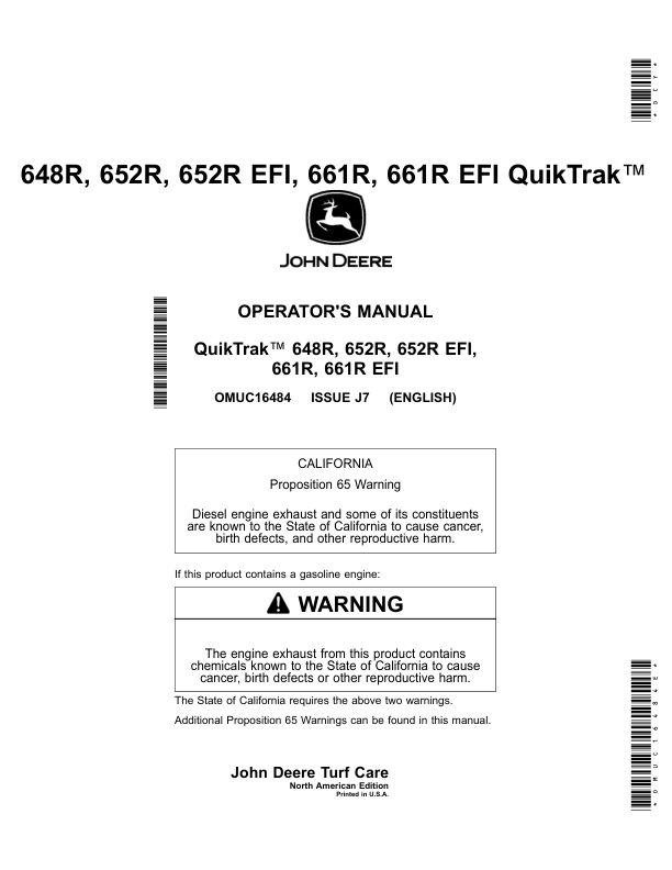 John Deere 648R, 652R, 652R EFI, 661R & 661R EFI QuikTrak Mowers (North America) (060001-) Operator's Manual (OMUC16484E)
