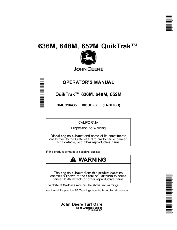 John Deere 636M, 648M, 652M QuikTrak Mowers (North America) (060001-) Operator's Manual (OMUC16485E)