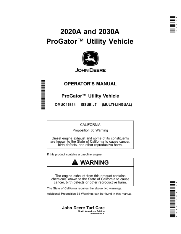 John Deere 2020A, 2030A ProGator Utility Vehicle (North American)S/n 100001- Operator's Manual (OMUC16814)
