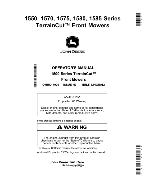 John Deere 1550, 1570, 1575, 1580, 1585 Series TerrainCut Front Mowers (040001-050000),(North American), Multi-Lingual Document: ENG/SPA Operator's Manual (OMUC17026)