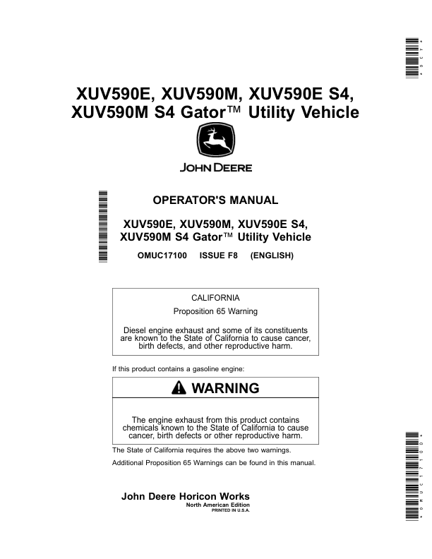 John Deere XUV590E, XUV590M & XUV590E S4, XUV590M S4 Gator Utility Vehicles Operator's Manual (OMUC17100)