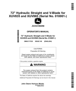 John Deere 72ʺ Hydraulic Straight, 72ʺ V-Blade for XUV835, XUV865 Operator's Manual (OMUC17535)