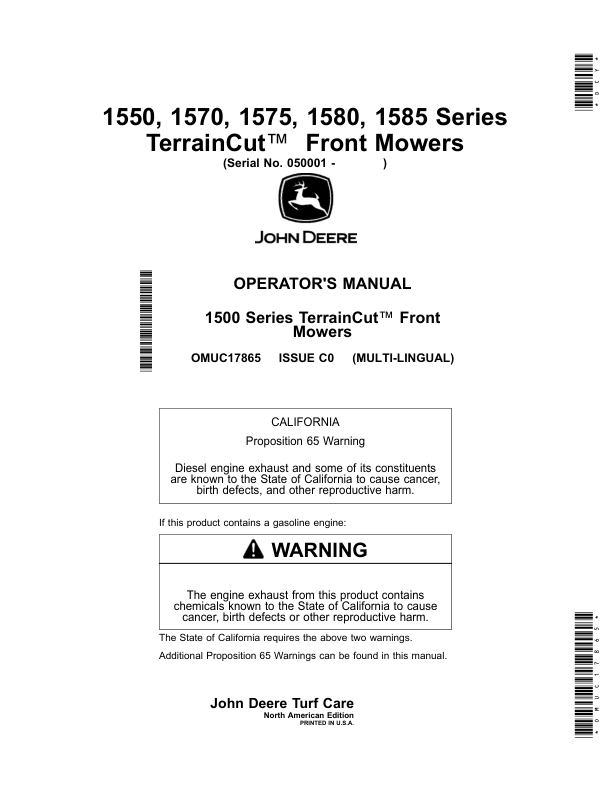 John Deere 1550, 1570, 1575, 1580, 1585 Series TerrainCut Front Mowers (050001-070000) (North American) Multi-Lingual Document: ENG/SPA Operator's Manual (OMUC17865)