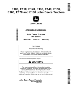 John Deere E100, E110, E120, E130, E140, E150, E160, E170 & E180 Tractors Operator's Manual (OMUC17903)