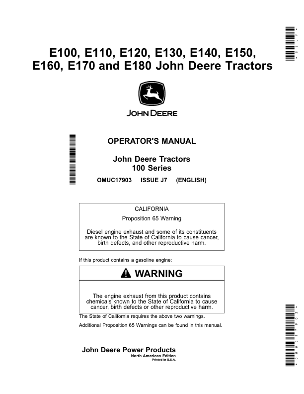 John Deere E100, E110, E120, E130, E140, E150, E160, E170 & E180 Tractors Operator's Manual (OMUC17903)
