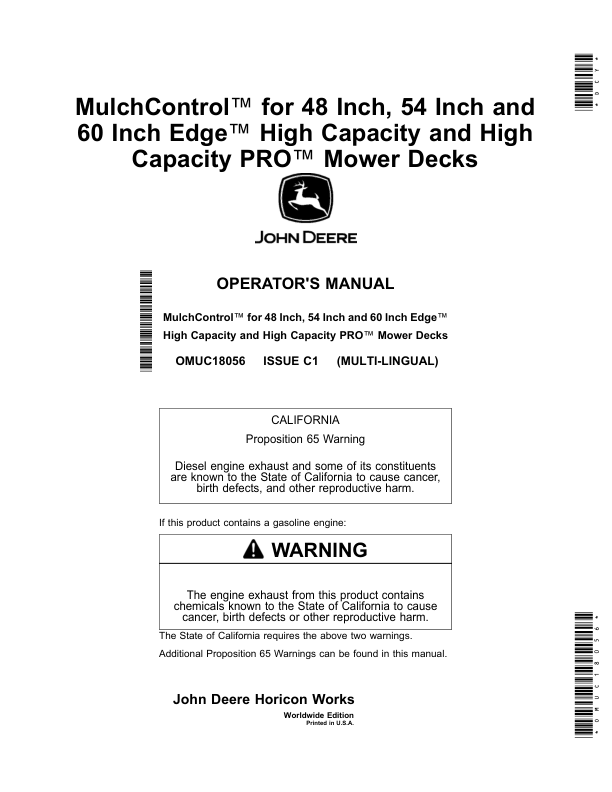 John Deere MulchControl for 48 Inch, 54 Inch, 60Inch Edge High Capacity, High Capacity PRO Mower Decks (Worldwide Edition) Operator's Manual (OMUC18056)