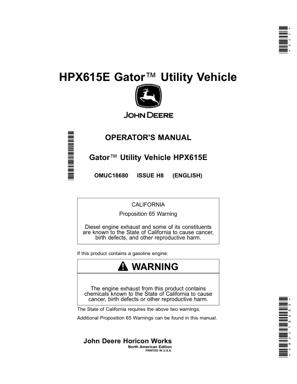 John Deere HPX615E Gator Utility Vehicles Operator's Manual (OMUC18680)