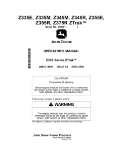 John Deere Z335E, Z335M, Z345M, Z345R, Z355E, Z355R & Z375R ZTrak Mowers Operator's Manual (OMUC18697)