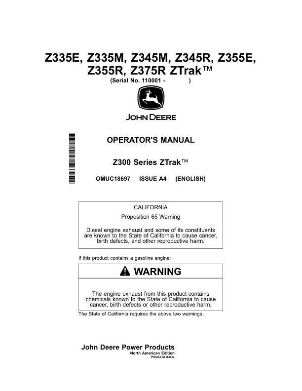 John Deere Z335E, Z335M, Z345M, Z345R, Z355E, Z355R & Z375R ZTrak Mowers Operator's Manual (OMUC18697)