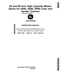 John Deere 54, 60 Inch High Capacity Mower Decks forX940, X948, X949 Lawn, Garden Tractors (Export Edition) Operator's Manual (OMUC18992)