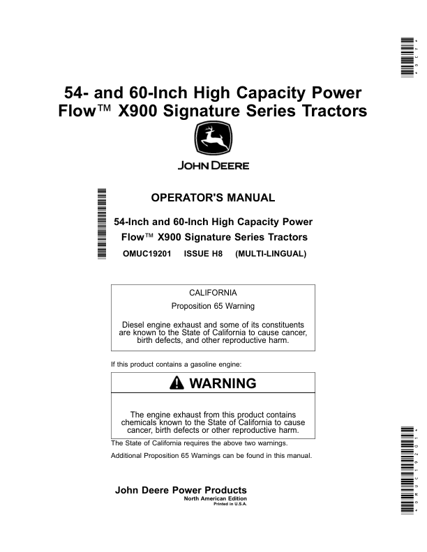 John Deere 54-, 60-Inch High Capacity Power Flow X900 Signature Series Tractors (North American) Operator's Manual (OMUC19201)