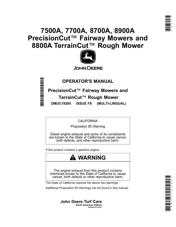 John Deere 7500A, 7700A, 8700A, 8900A PrecisionCut Fairway Mowers, 8800A TerrainCut Rough Mower (North American) Operator's Manual (OMUC19285)