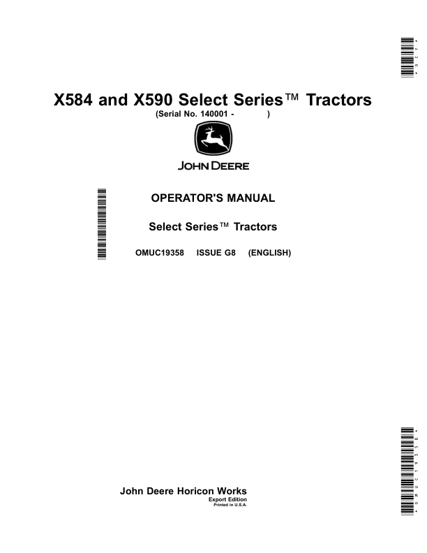 John Deere X584, X590 Select Series Tractors (Export Edition) Operator's Manual (OMUC19358)