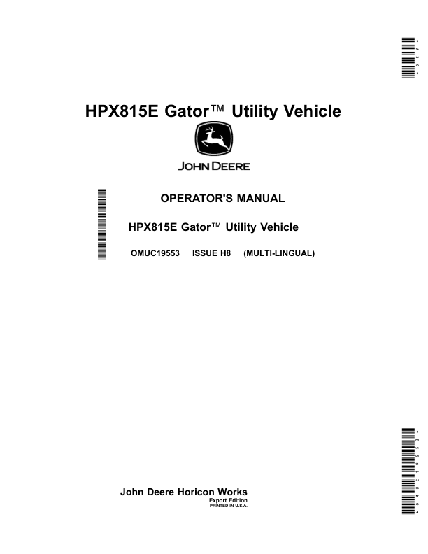 John Deere HPX815E Gator Utility Vehicle (Export Edition) Operator's Manual (OMUC19553)