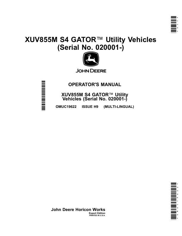 John Deere XUV855M S4 GATOR Utility Vehicles (Serial No. 020001-) (Export Edition) Operator's Manual (OMUC19622)