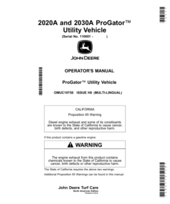 John Deere 2020A, 2030A ProGator Utility Vehicle (North American) S/N 110001- Operator's Manual (OMUC19758)