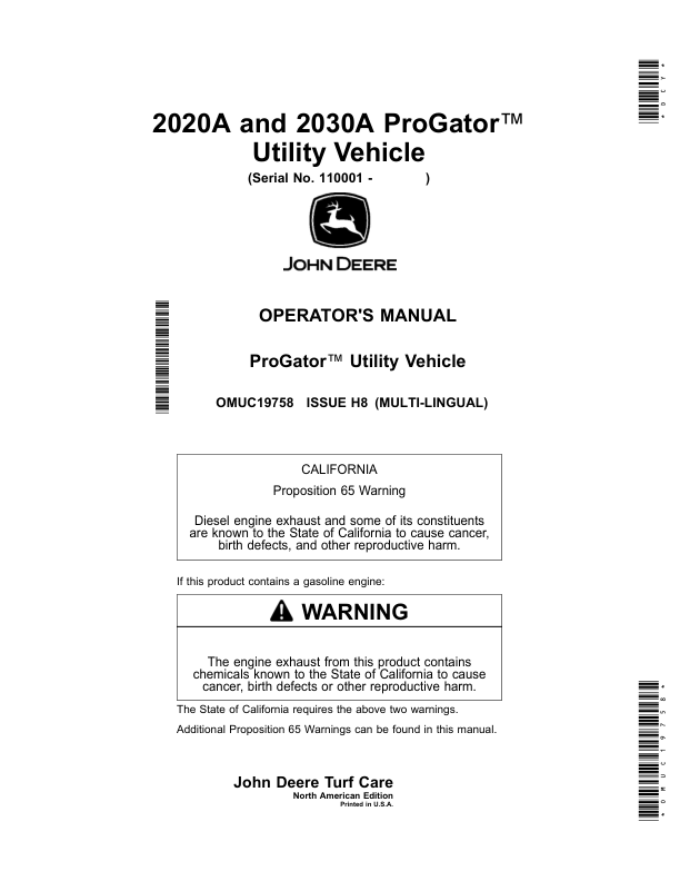 John Deere 2020A, 2030A ProGator Utility Vehicle (North American) S/N 110001- Operator's Manual (OMUC19758)