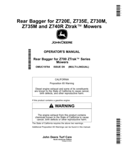 John Deere Rear Bagger for Z720E, Z735E, Z730M, Z735M, Z740R Ztrak Mowers (North American) Operator's Manual (OMUC19784)