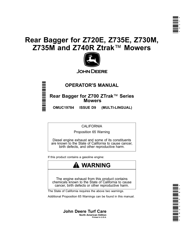 John Deere Rear Bagger for Z720E, Z735E, Z730M, Z735M, Z740R Ztrak Mowers (North American) Operator's Manual (OMUC19784)