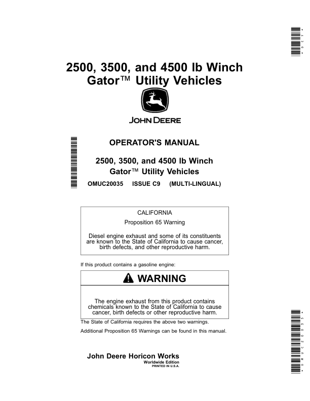 John Deere 2500, 3500, 4500 lb WinchGator Utility Vehicles (Worldwide Edition) Operator's Manual (OMUC20035)