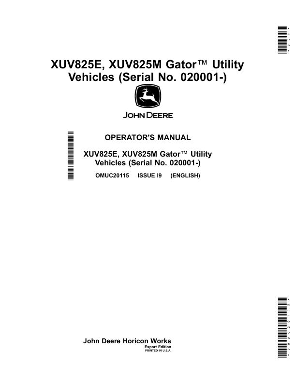 John Deere XUV825E & XUV825M Gator Utility Vehicles Operator's Manual (OMUC20115)