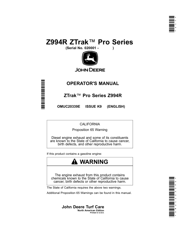 John Deere Z994R ZTrak Pro Series Mowers (020001-) Operator's Manual (OMUC20339E)