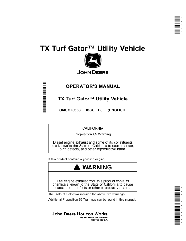 John Deere TX Turf Gator Utility Vehicles (FJ400 Kawasaki Gas Engine) Operator's Manual (OMUC20368)