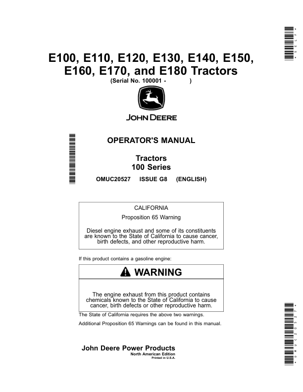 John Deere E100, E110, E120, E130, E140, E150, E160, E170 & E180 Tractors Operator's Manual (OMUC20527)