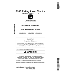 John Deere S240 Riding Lawn Tractors (850001-880000) Operator's Manual (OMUC20530)
