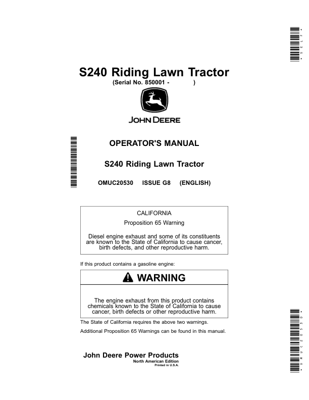 John Deere S240 Riding Lawn Tractors (850001-880000) Operator's Manual (OMUC20530)