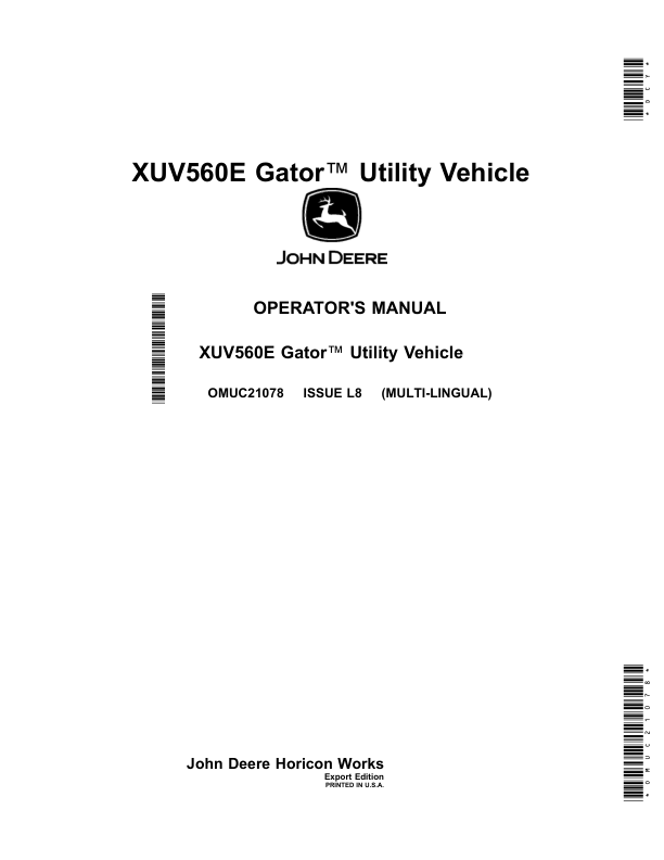 John Deere XUV560E Gator Utility Vehicle (Export Edition) Operator's Manual (OMUC21078)