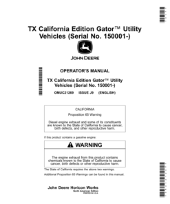 John Deere TX Gator Utility Vehicles (California Edition) (Kawasaki FJ400 Gas Engine) Operator's Manual (OMUC21269)
