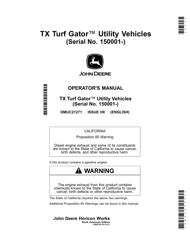 John Deere TX Turf Gator Utility Vehicles (Kawasaki FJ400 Gas Engine) Operator's Manual (OMUC21271)