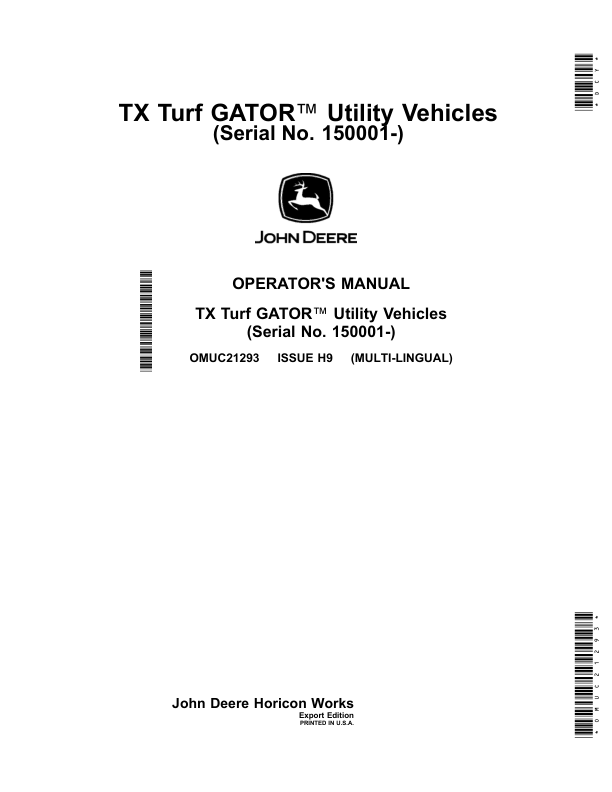 John Deere TX Turf GATOR Utility Vehicles (Serial No.150001-) (Export Edition) Operator's Manual (OMUC21293)