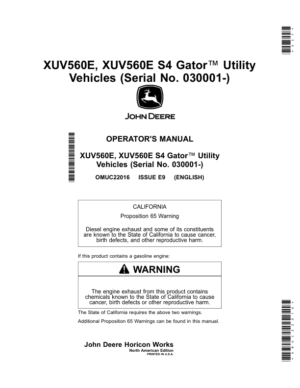 John Deere XUV560E, XUV560E S4 Gator Utility Vehicles Operator's Manual (OMUC22016)