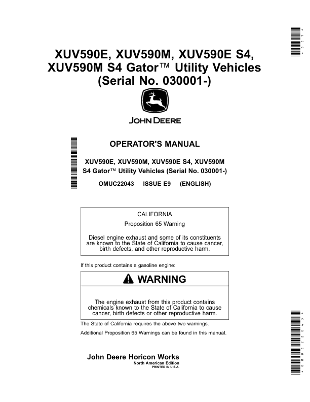 John Deere XUV590E, XUV590M, XUV590E S4, XUV590M S4 Gator Utility Vehicles Operator's Manual (OMUC22043)
