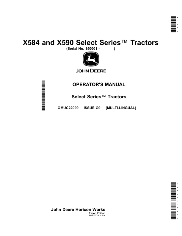 John Deere X584, X590 Select Series Tractors (Export Edition) Operator's Manual (OMUC22099)