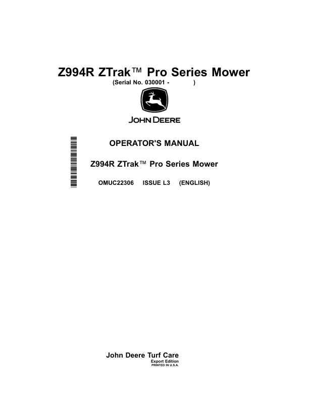John Deere Z994R ZTrak Pro Series Mower (030001-) Operator's Manual (OMUC22306)