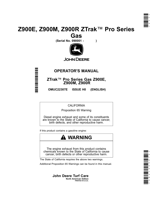 John Deere Z900E, Z900M, Z900R ZTrak Pro Series Gas Mower (090001-) Operator's Manual (OMUC22307E)