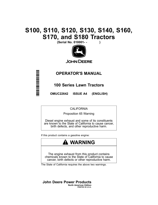 John Deere S100, S110, S120, S130, S140, S160, S170, S180 Tractors (010001-200000) Operator's Manual (OMUC22642)