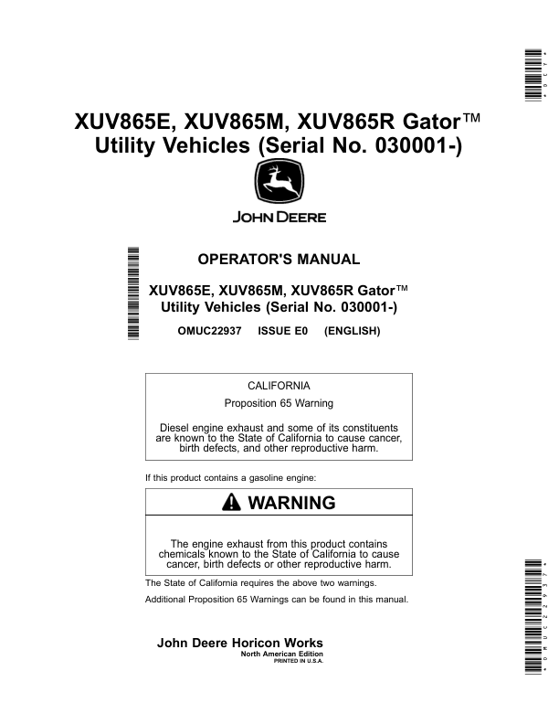 John Deere XUV865E, XUV865M, XUV865R Gator Utility Vehicles (030001-040000) Operator's Manual (OMUC22937)