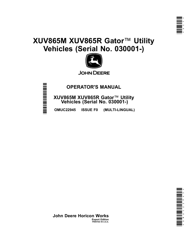 John Deere XUV865M XUV865R Gator Utility Vehicles (Serial No. 030001-) (Export Edition) Operator's Manual (OMUC22945)